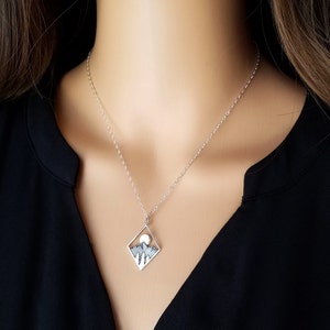 Sterling Silver Mountain with Pine Trees and Sun in Diamond Frame Necklace, Outdoor Nature Gift For Her, Hiking Necklace, Mountain Jewelry