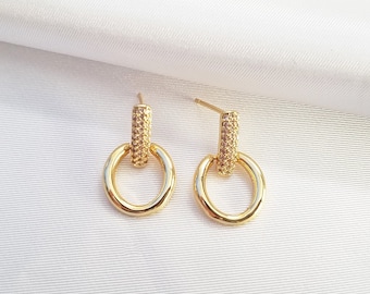Pave Dangle Drop Earrings, 14K Gold Filled Dangle Earrings, Wedding Jewelry, Bridal Earrings, Cubic Zirconia Dangle Earrings, Hoop Earrings
