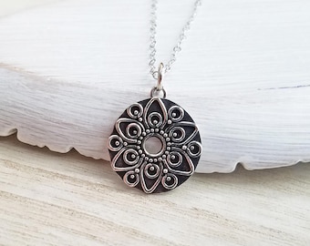 Sterling Silver Flower Mandala Necklace, Hand Worked Wire Detail