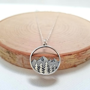 Sterling Silver Mountain Necklace, Pine Tree Necklace, Travel Necklace, Adventure Jewelry, Nature Necklace, Wilderness Jewelry, Hiking Gift