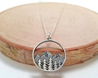 Sterling Silver Mountain Necklace, Pine Tree Necklace, Travel Necklace, Adventure Jewelry, Nature Necklace, Wilderness Jewelry, Hiking Gift