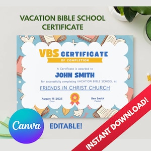 VBS Certificate Template – Canva-Editable + Print-to-Go Blank | A4/Letter Sizes
