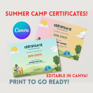 Paquete de premios y certificados para campamento: 60 premios imprimibles y plantilla editable de Canva para campamento de verano, tamaño A4 y carta.