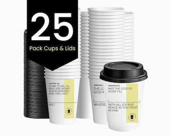 Personalized Scripture Coffee Cups 25 Pack | Yellow Accent, 4 Rotating Bible Verses, 12oz Double Wall Cups with Lids
