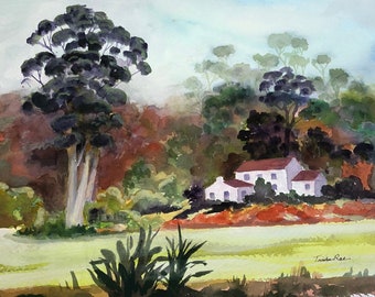 May include: Watercolor painting of a white house with a red roof in a green forest setting. The house is surrounded by trees and bushes, and there is a field in the foreground. The painting is signed "Trudie Rae."