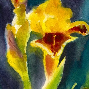 Original Watercolor Flowers Gold in the Garden Golden Flower Wall Decor Original Gold Iris Floral Yellow and Red Iris Art Original Floral image 2