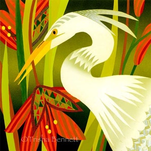 Tropical Bird in Garden Art Print Fantasy Flowers and Bird Tropical Wall Decor Bright Colors Tropical Fantasy Bird Wall Art Tropical Heron