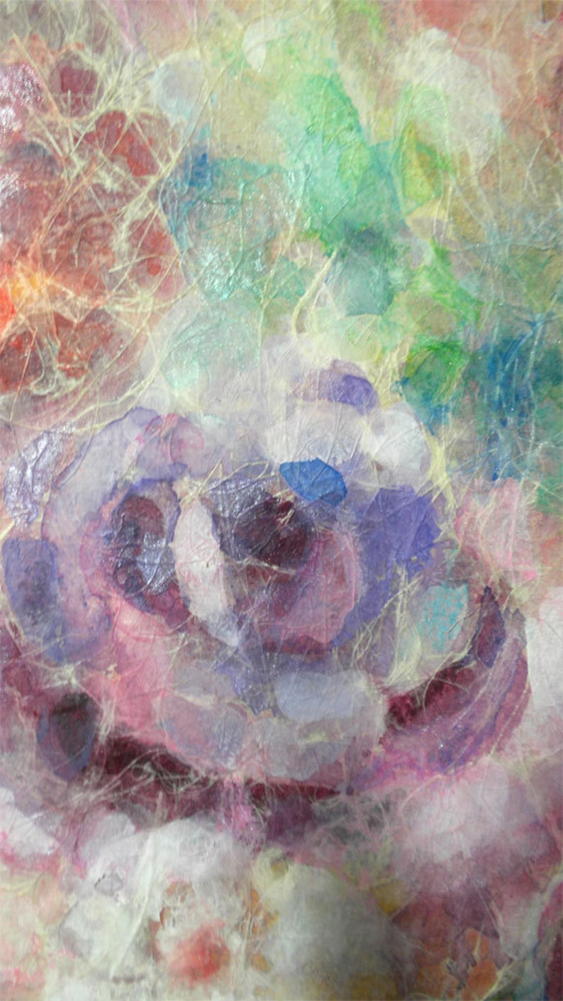 Original Mixed Media Floral Acrylic and Watercolor Painting on Rice Paper. Delicate Colors for Wall Decor. Matted size is 12 x 16 inches. image 3