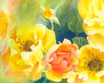 Yellow Gold Roses Watercolor PRINT, Sunshine on the Flowers in the Garden, Large Print to bring Sunlight to your Wall Decor.