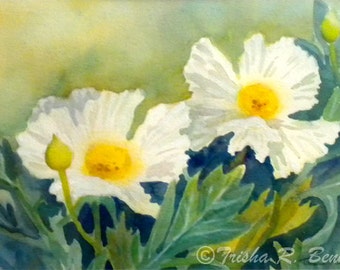 White Poppies Art - Floral Watercolor PRINT - Flower Painting of White Flowers in the Summer Breeze. Home Decor with soft colors on the Wall