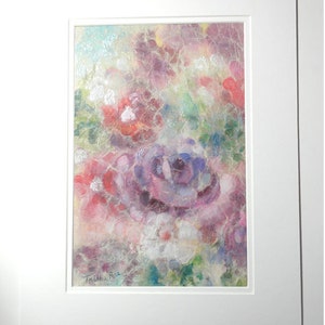 Original Mixed Media Floral Acrylic and Watercolor Painting on Rice Paper. Delicate Colors for Wall Decor. Matted size is 12 x 16 inches. image 2