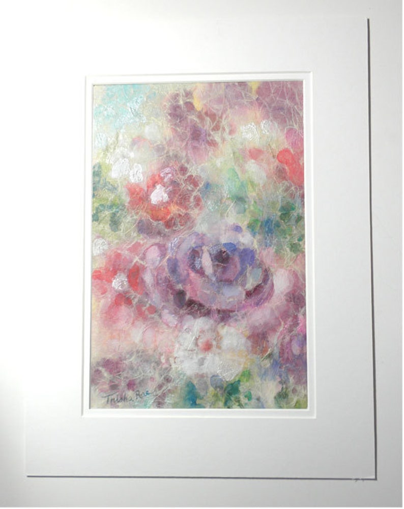 Original Mixed Media Floral Acrylic and Watercolor Painting on Rice Paper. Delicate Colors for Wall Decor. Matted size is 12 x 16 inches. image 2