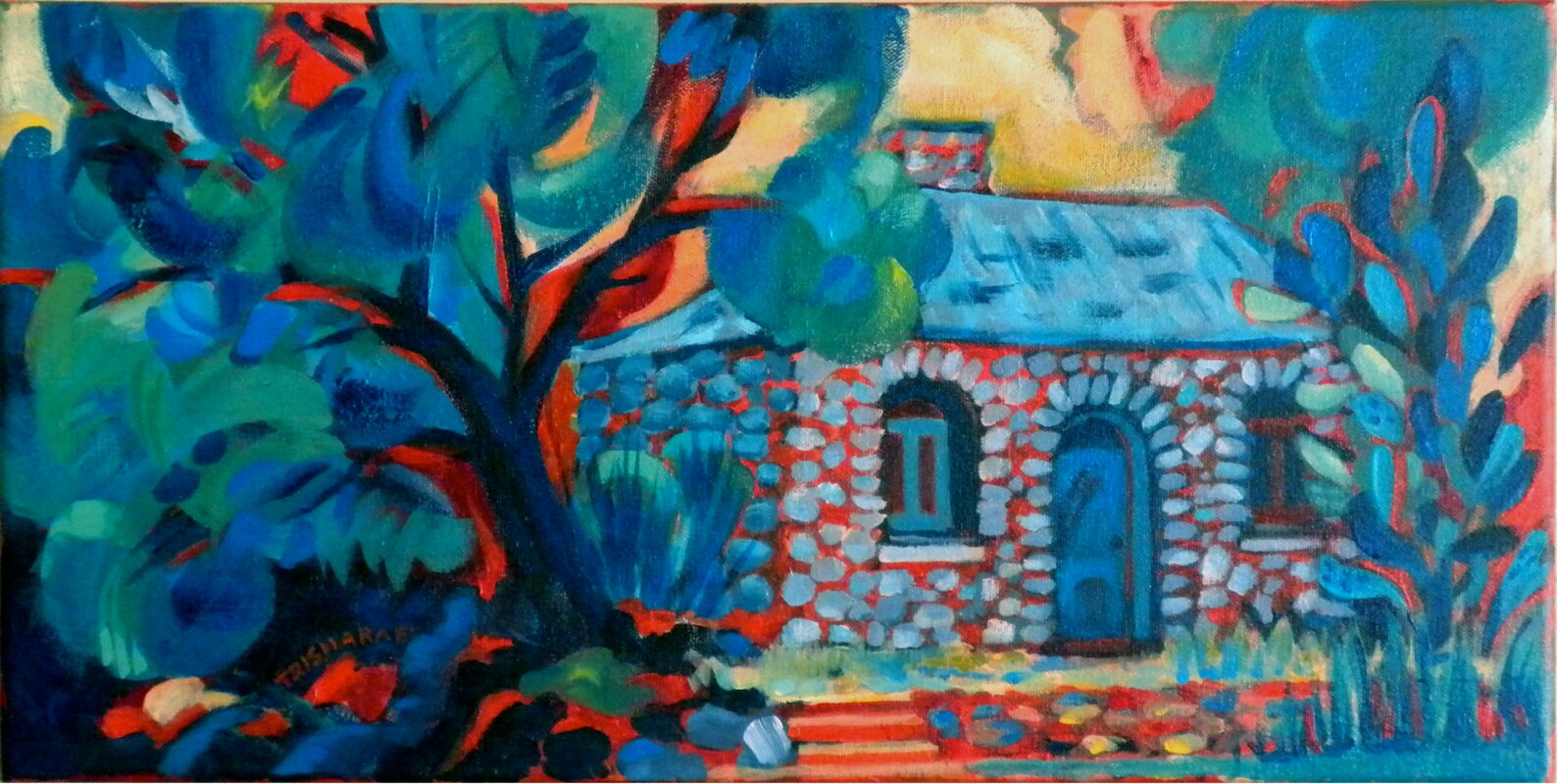 Old Stone Cabin Wall Art Ranch Cabin PRINT Blue Tree Art Old Etsy