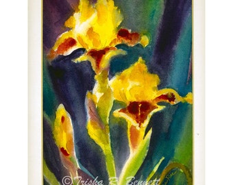 Original Watercolor Flowers "Gold in the Garden" Golden Flower Wall Decor Original Gold Iris Floral Yellow and Red Iris Art Original Floral