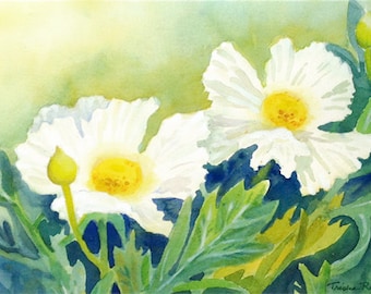 Original Watercolor White Poppies in the Garden Summer Flowers Original Floral Decor Summer Garden Art Watercolor Flowers Bedroom Wall Decor