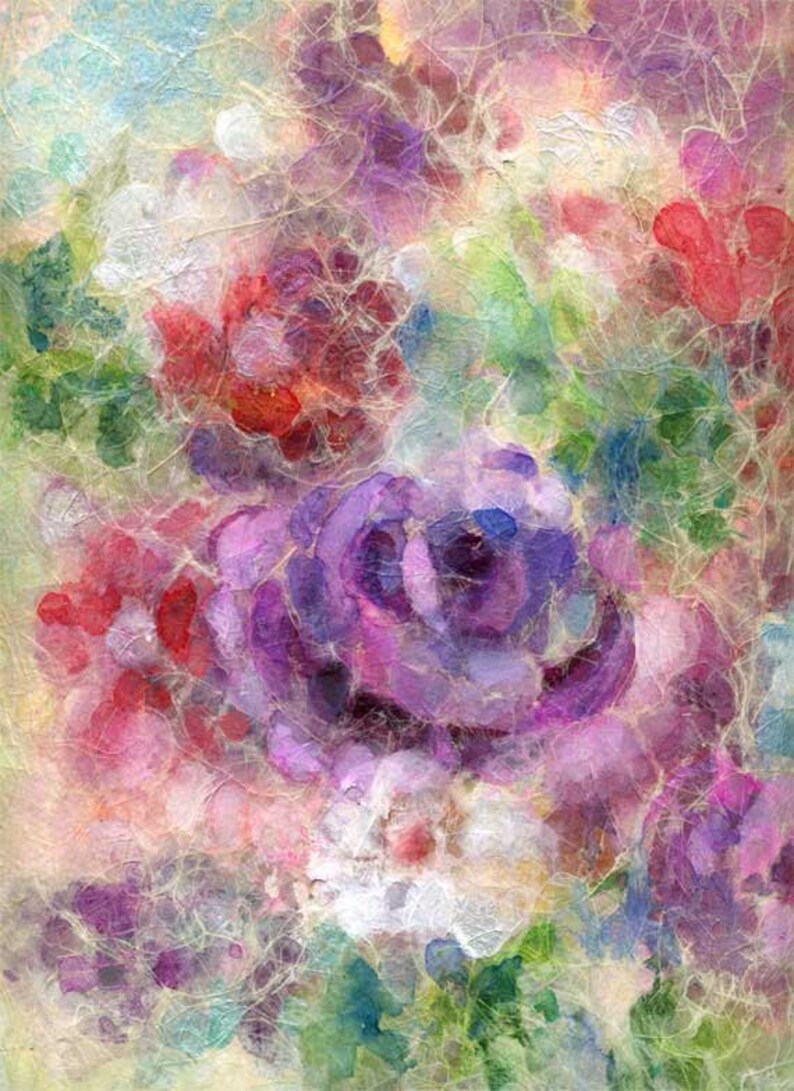 Original Mixed Media Floral Acrylic and Watercolor Painting on Rice Paper. Delicate Colors for Wall Decor. Matted size is 12 x 16 inches. image 1