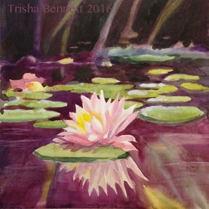 Pink Water Lily Art Original Watercolor Flower Painting Waterlily with Reflection Floral Painting Bedroom Wall Decor Pink Watercolor