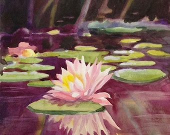 Pink Water Lily Art Original Watercolor Flower Painting Waterlily with Reflection Floral Painting Bedroom Wall Decor Pink Watercolor