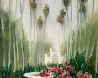 Original Art Palm Trees at the Brand Library Glendale Watercolor Painting Hazy Morning Palm Trees Wall Art