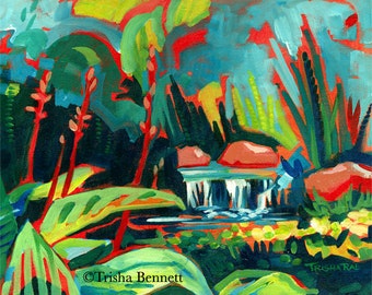 Tropical Garden Waterfall Art Print of Acrylic Painting, Abstract Plants and Bright Colors. Perfect for Lively Wall Decor. 11x14 inches