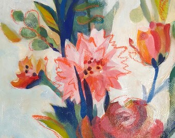 May include: A painting of a bouquet of flowers in shades of pink, red, orange, and green. The flowers are painted in a loose, impressionistic style, with visible brushstrokes. The background is a light blue.