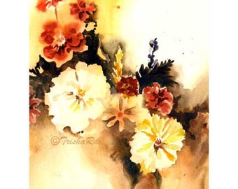 Fall Flowers Watercolor Floral Large PRINT, Autumn Flowers Watercolor Painting Gold Red Brown for Den Office or Bedroom Art 9.5 x 13 inches