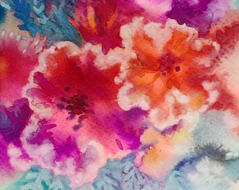 Red Flowers Original Watercolor looks like Velvet. Bright Happy Colors for Wall Decor. Double mat is included