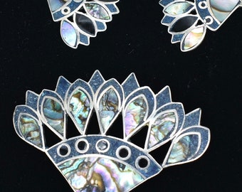 Taxco Sterling RDF signed Abalone and Enamel Art Deco Fan Brooch Pin Pendant Earrings Taxco Mexico Eagle Mark #3 7.6 Grams