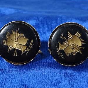 Collectible Antique earring Gold Vermeil, Black Silhouette, Enamel, Roman Greek,Warrior Head,Screw Back Earrings