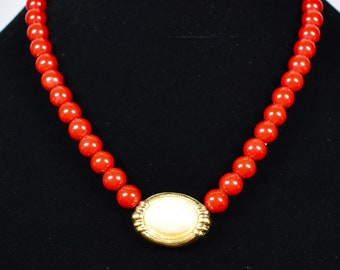 Vintage Signed Trifari White faux peal with cranberry beaded Necklace