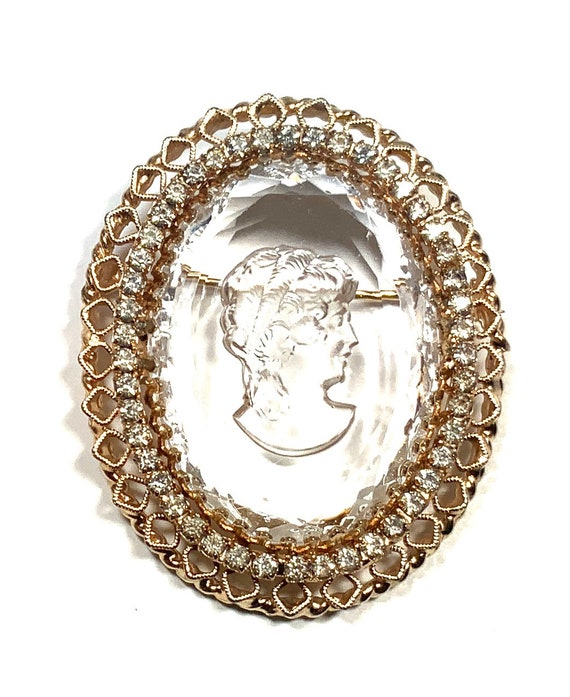 Beautiful Clear faceted Glass Cameo Brooch surrou… - image 3
