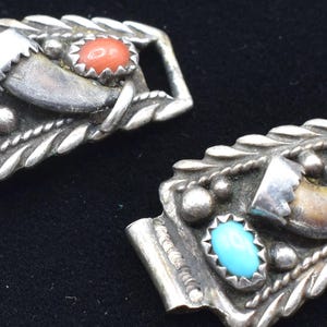 Old Pawn Navajo Sterling with Turquoise, Coral and bear Claw Watch Band Clips Signed DB Sterling