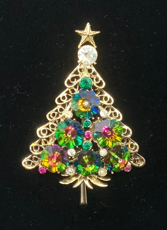 Vintage Christmas Tree ravioli rhinestone brooch, 