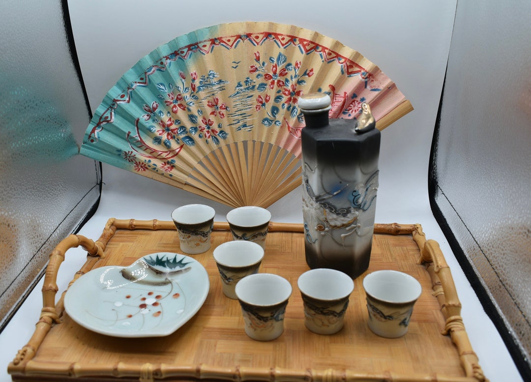 Minamoto Sake Dragonware Decanter Whistling Bird and Cups and Ensemble