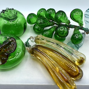 Authentic Murano Hand Blown Glass Vegetables fruit, grape clusters, green tomato,  green persimmon and okra hand blown Murano glass