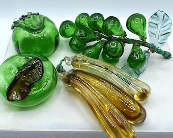Authentic Murano Hand Blown Glass Vegetables fruit, grape clusters, green tomato,  green persimmon and okra hand blown Murano glass