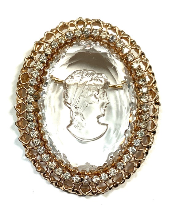 Beautiful Clear faceted Glass Cameo Brooch surrou… - image 2