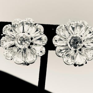Kramer Clear Rhinestone flower Earrings, rhinestone Clip on earrings, Silver plated