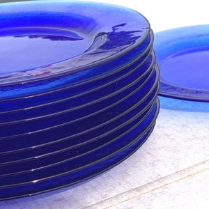 Cobalt blue glass dinner plates hammered textured bottom style