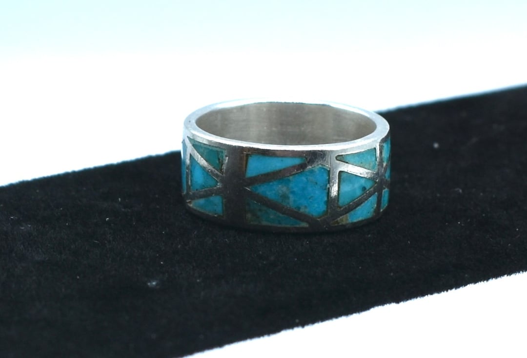 Turqoise Inlay Rings Turquoise Inlaid Ring Sterling Silver Ring Signed 925 Size 8.75 ...