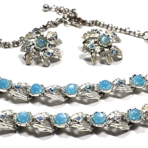 Vintage Judy Lee Demi-parure set Blue Beaded Flower Silver leaves blue Ab Rhinestones Necklace Bracelet and Earrings 65 yrs old Mint