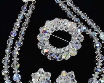 Aurora Borealis Crystal Choker Wedding Jewelry Set, Brooch Earrings