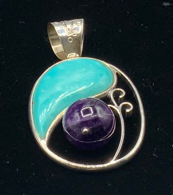 Amethyst turquoise Ying and yang sterling pendant
