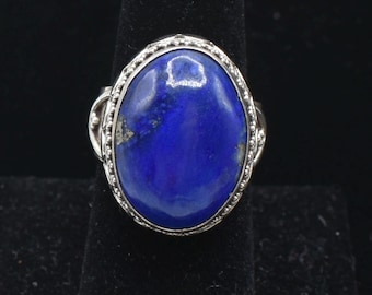 Sterling Silver Lapis Lazuli Ring, Artisan Boho Statement Jewelry, Size 8