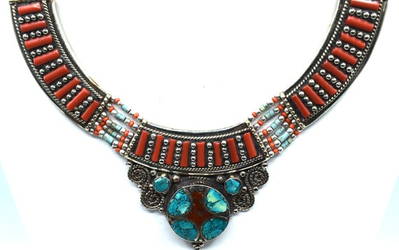 Rare Sterling Turquoise Red and Orange Coral Lapi… - image 1