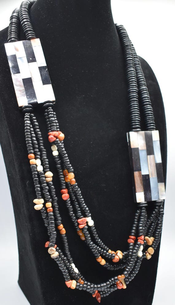 Statement necklace with various shell, black Puka… - image 1