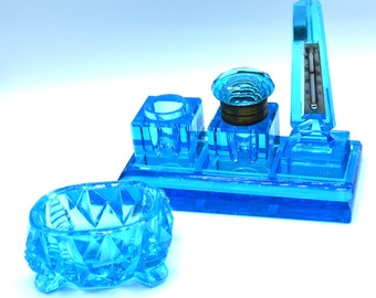 Antique molded blue glass desk set inkwell thermometer Victorian set 5 pieces