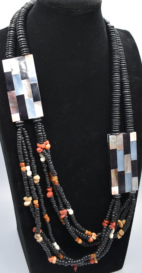 Statement necklace with various shell, black Puka… - image 2