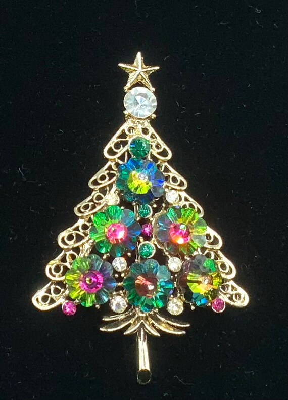 Vintage Christmas Tree ravioli rhinestone brooch,… - image 2