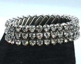 1940's Signed, Made in Japan, Vintage Rhinestone Stretch Bracelet,3 row Expansion Bracelet, Wedding Bracelet All Clear Rhienstones